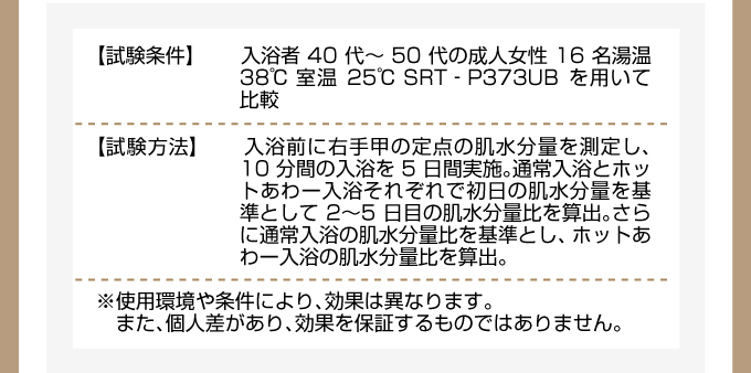 【試験条件】入浴者40代～50代の成人女性16名湯温38℃ 室温25℃ SRT‐P373UBを用いて比較【試験条件】入浴前に右手甲の定点の肌水分量を測定し、10分間の入浴を5日間実施。通常入浴とホットあわー入浴それぞれで初日の肌水分量を基準として2?5日目の肌水分量比を算出。さらに通常入浴の肌水分量比を基準とし、ホットあわー入浴の肌水分量比を算出。●使用環境や使用状況により効果は異なります。また、快適性は個人差があり、効果を保証するものではありません